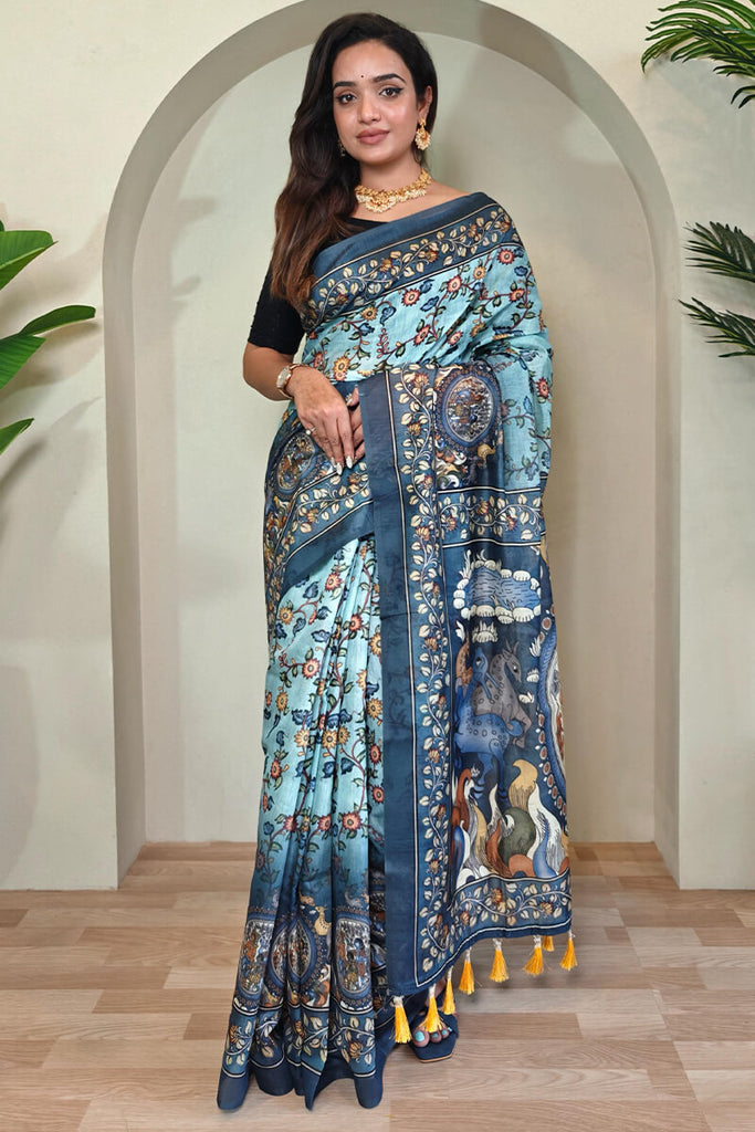 Light Sky Blue Kalamkari Printed Cotton Saree