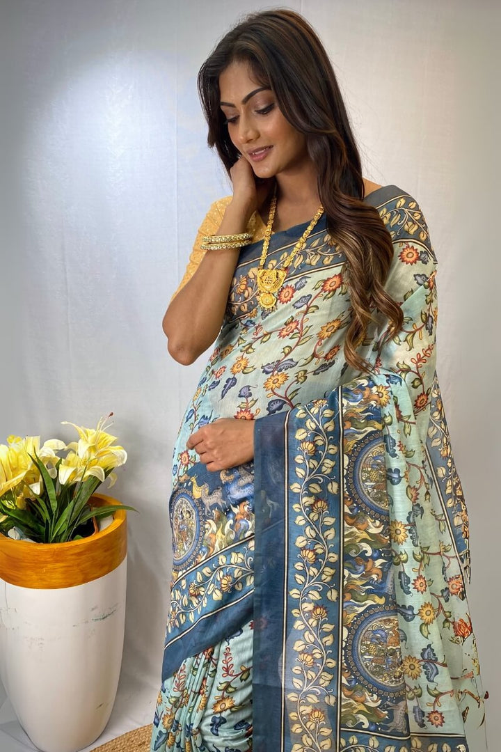 Light Sky Blue Kalamkari Printed Cotton Saree