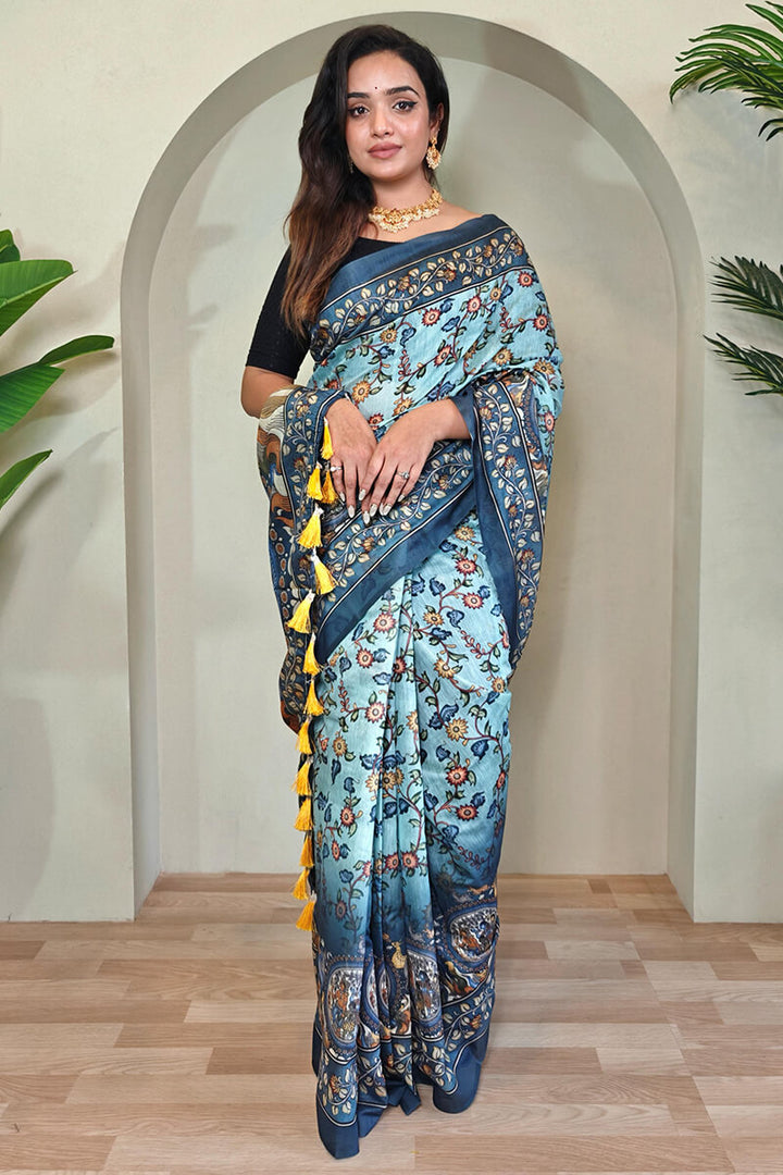 Light Sky Blue Kalamkari Printed Cotton Saree
