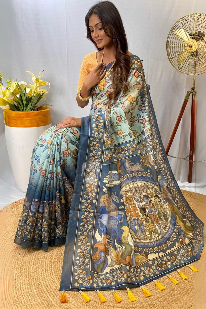 Light Sky Blue Kalamkari Printed Cotton Saree