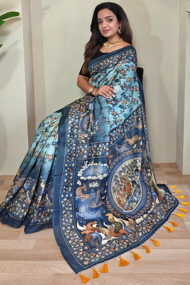 Light Sky Blue Kalamkari Printed Cotton Saree