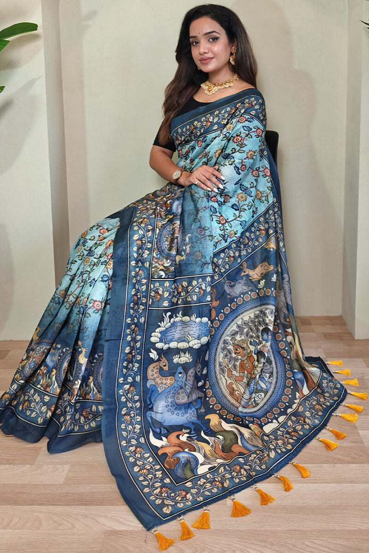 Light Sky Blue Kalamkari Printed Cotton Saree