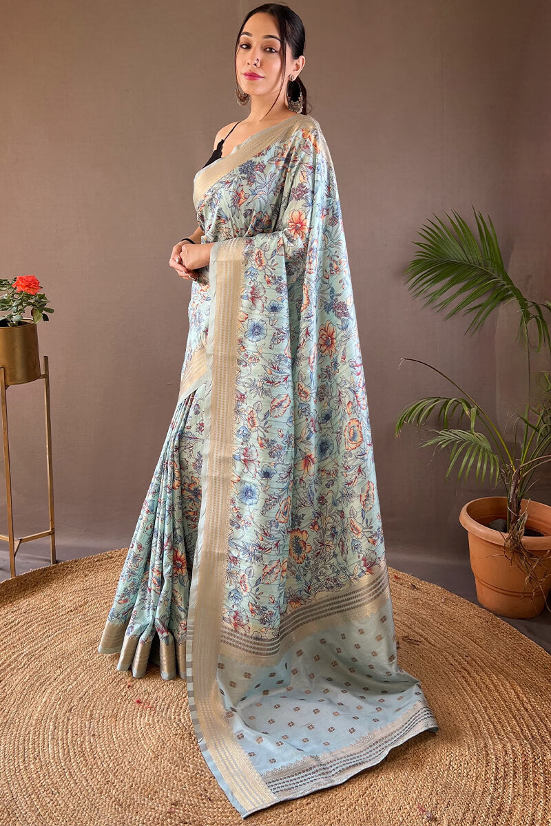 Light Sky Blue Printed Soft Silk Saree