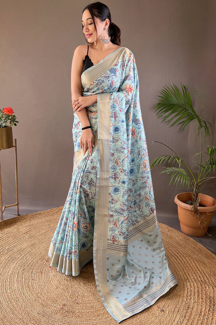 Light Sky Blue Printed Soft Silk Saree