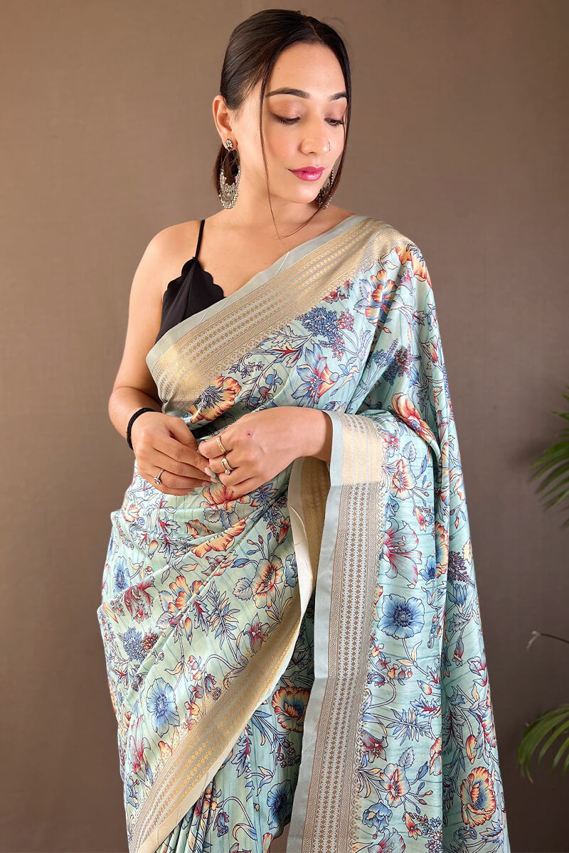 Light Sky Blue Printed Soft Silk Saree