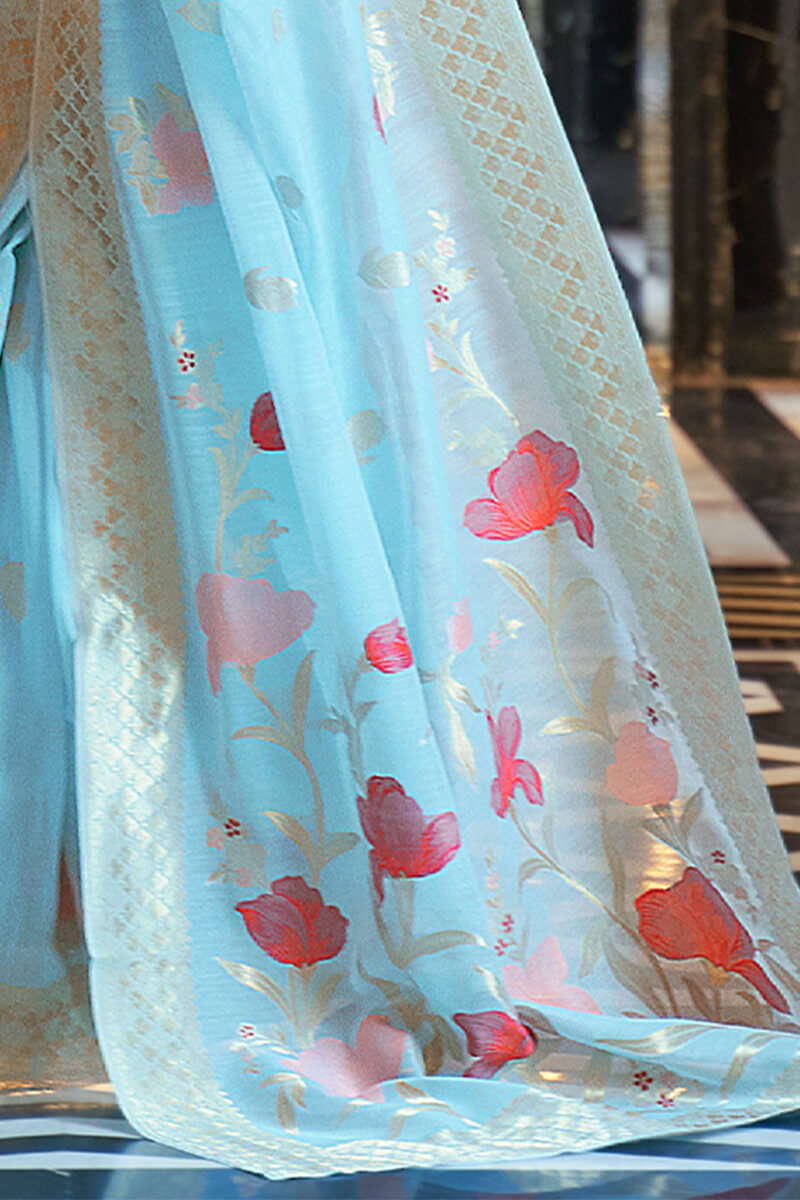 Light Sky Blue Zari Woven Linen Silk Saree