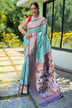 Light Sky Blue Zari Woven Paithani Silk Saree
