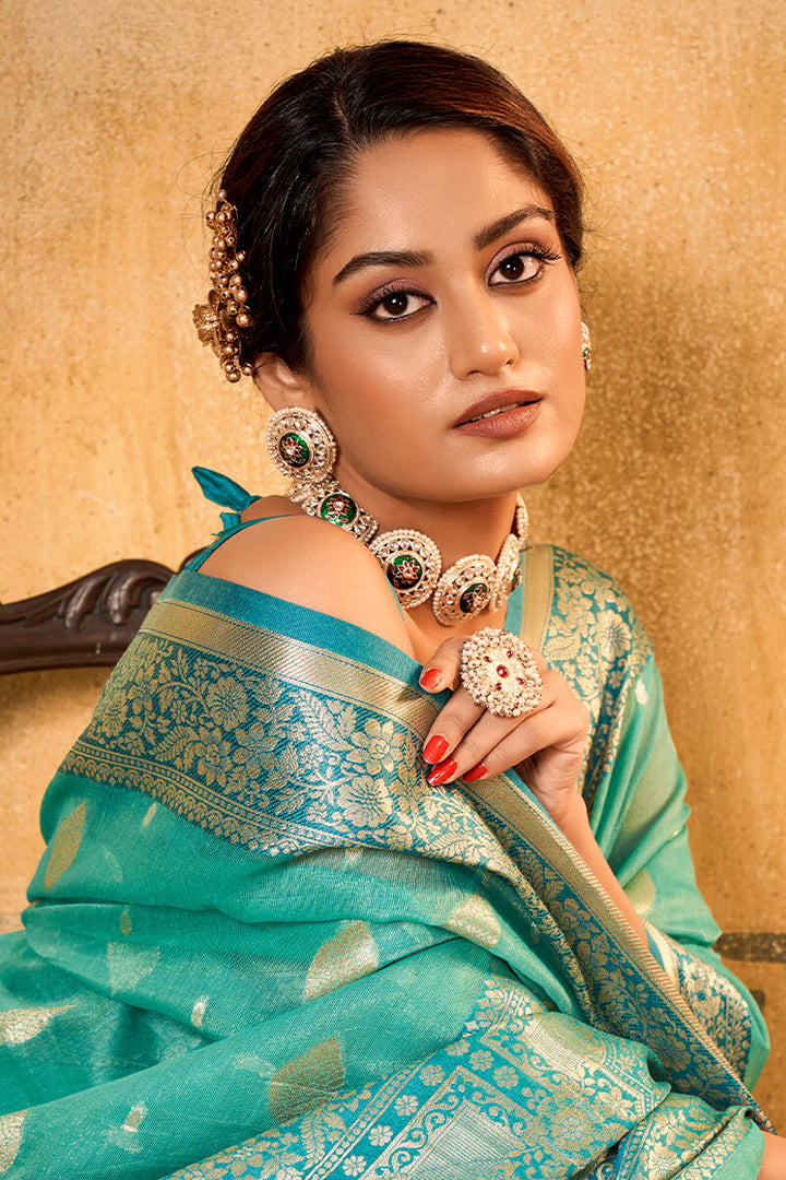 Light Turquoise Banarasi Silk Saree