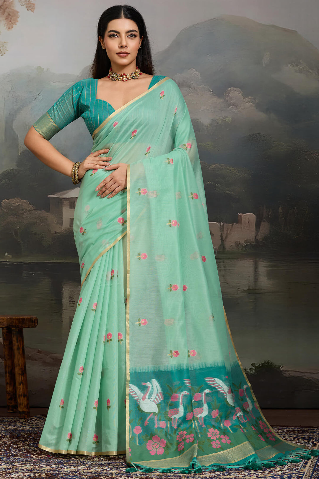 Light Turquoise Handloom Spun Cotton Saree