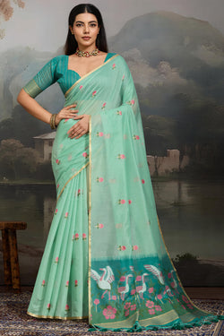 Light Turquoise Handloom Spun Cotton Saree