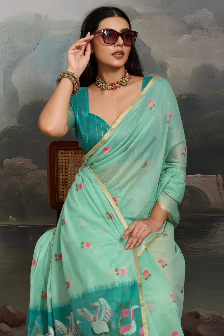 Light Turquoise Handloom Spun Cotton Saree