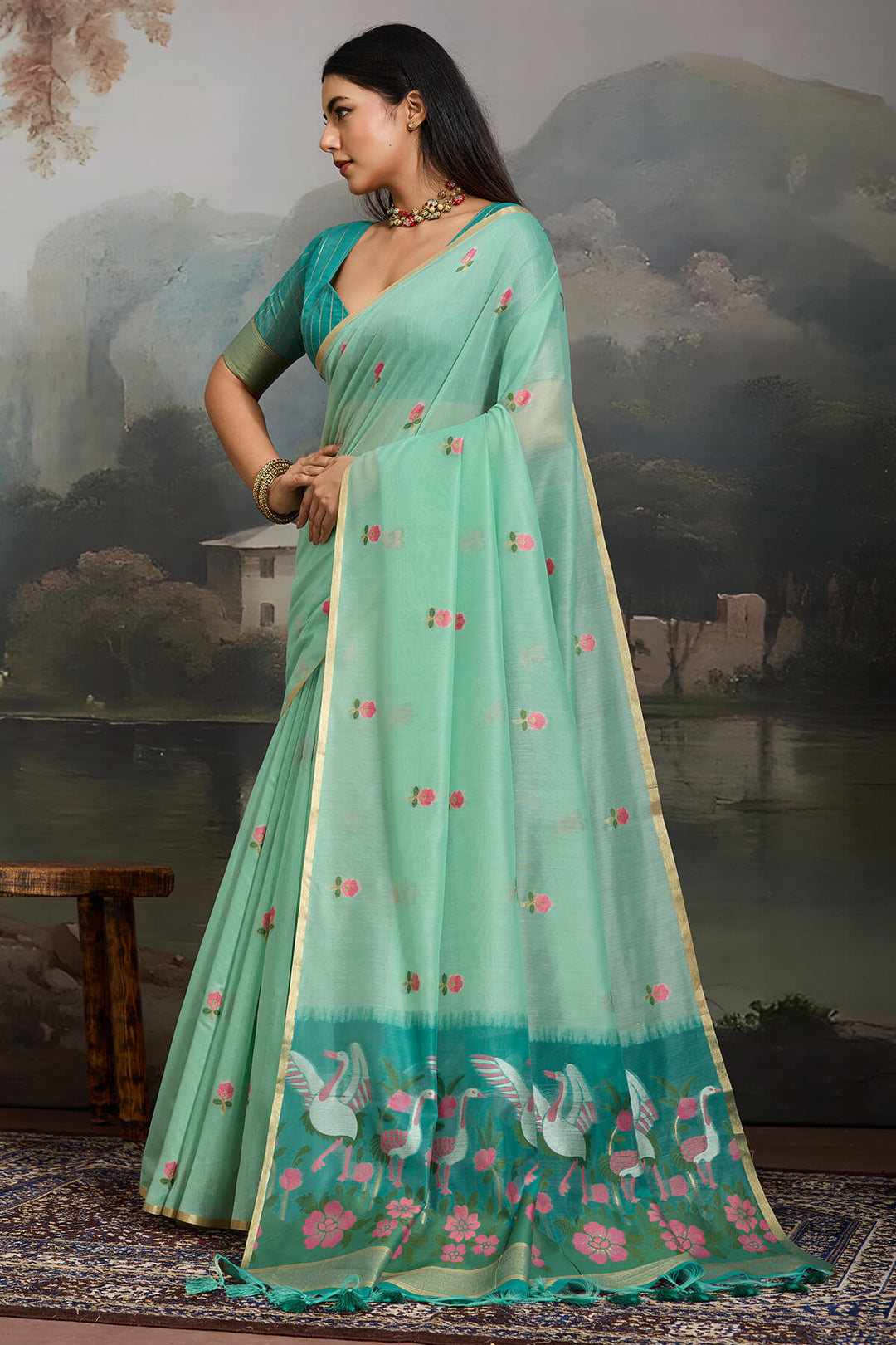 Light Turquoise Handloom Spun Cotton Saree