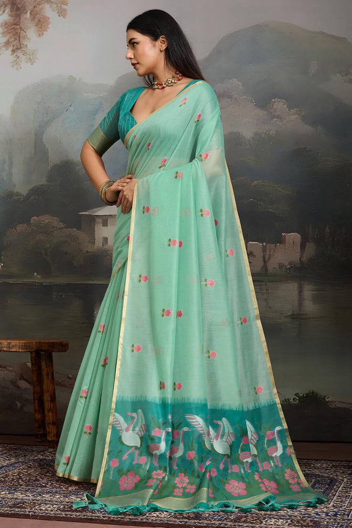Light Turquoise Handloom Spun Cotton Saree