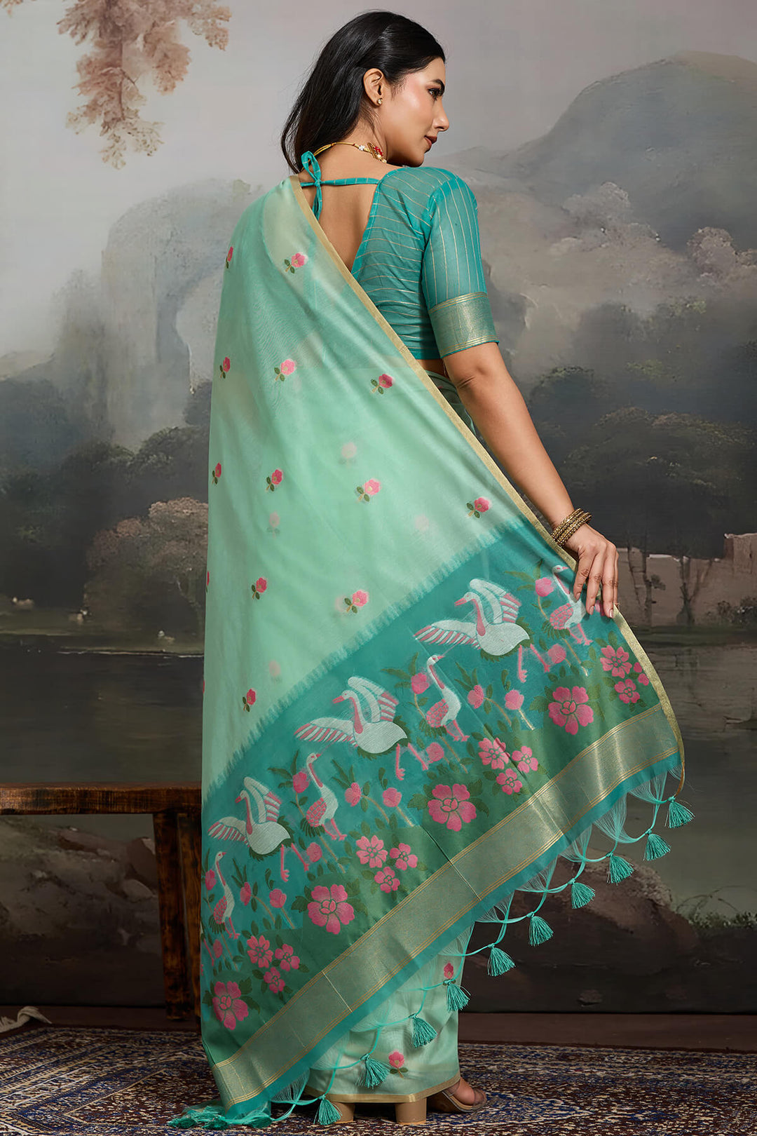 Light Turquoise Handloom Spun Cotton Saree