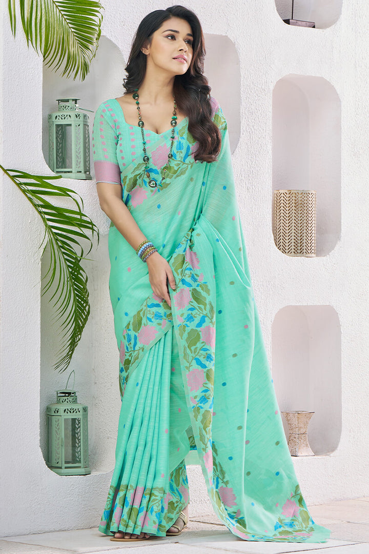 Light Turquoise Soft Linen Silk Saree