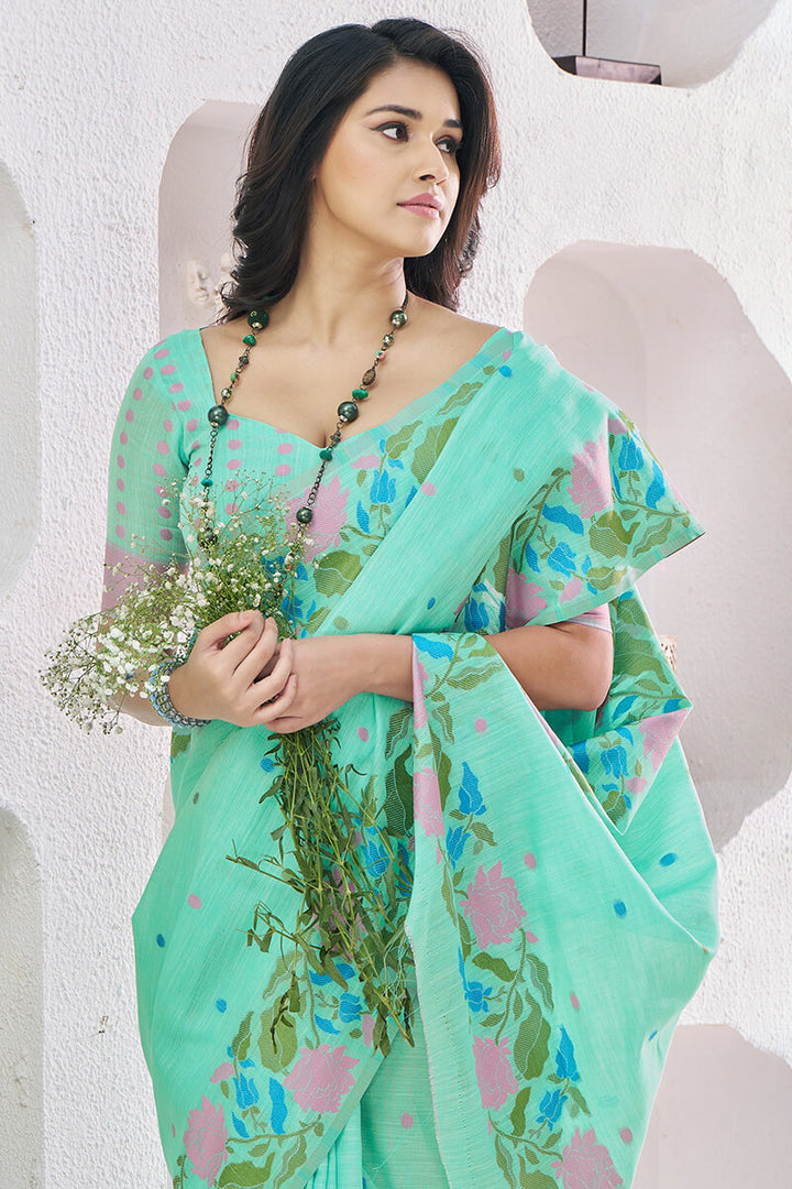 Light Turquoise Soft Linen Silk Saree