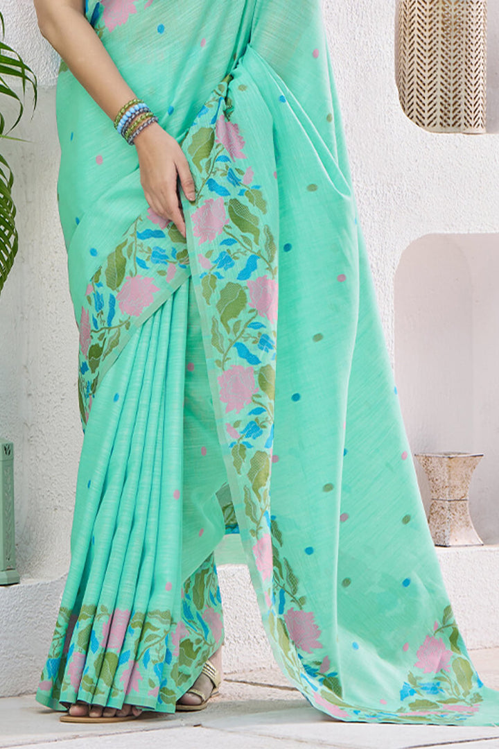 Light Turquoise Soft Linen Silk Saree