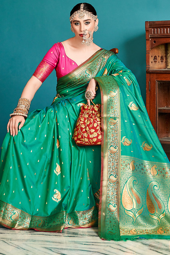 Light Turquoise Zari Woven Banarasi Silk Saree