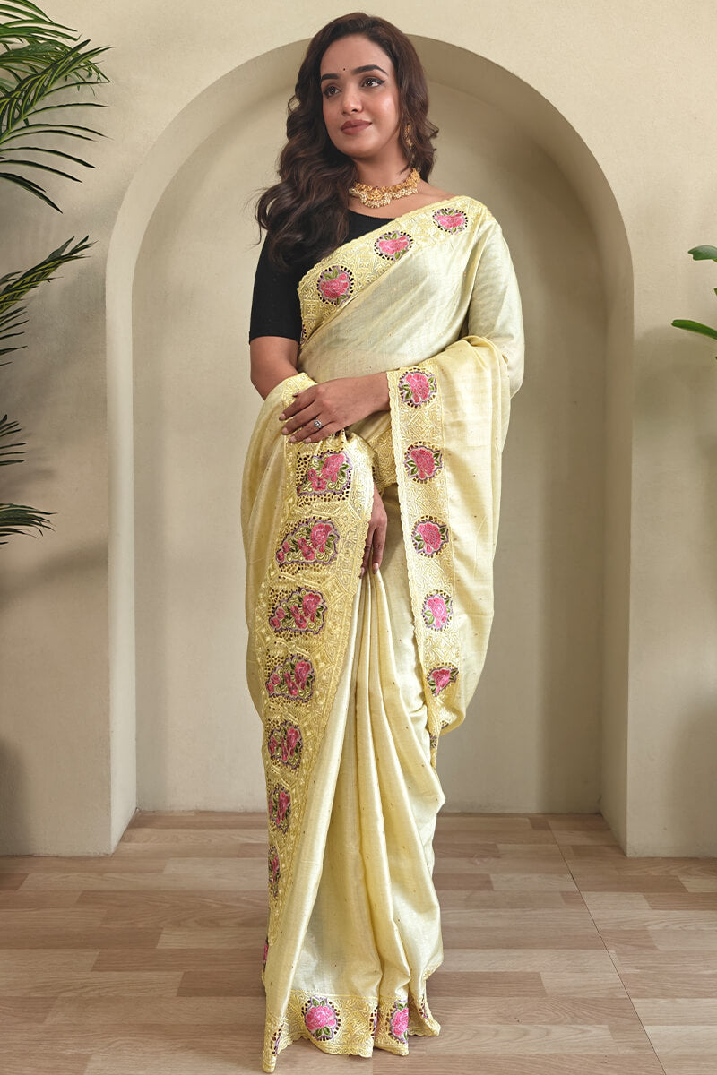 Light Yellow Cutwork Embroidered Tussar Silk Saree