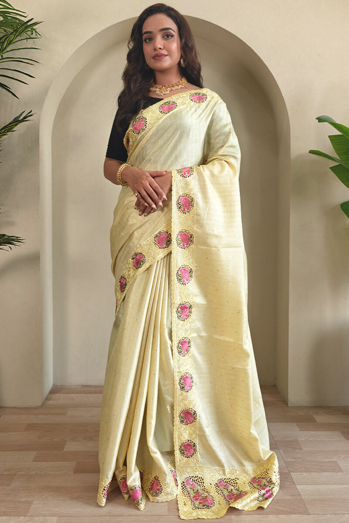 Light Yellow Cutwork Embroidered Tussar Silk Saree