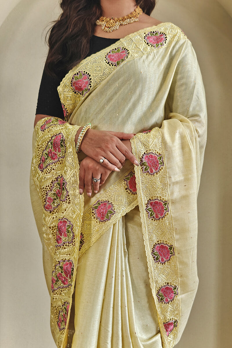 Light Yellow Cutwork Embroidered Tussar Silk Saree