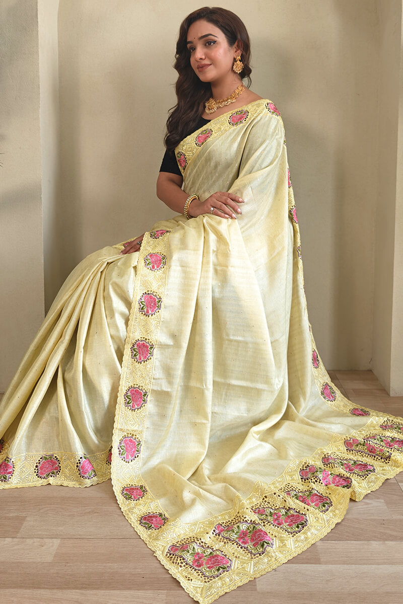 Light Yellow Cutwork Embroidered Tussar Silk Saree
