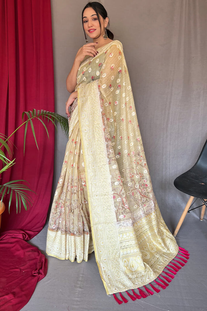 Light Yellow Lucknowi Cotton Silk Saree