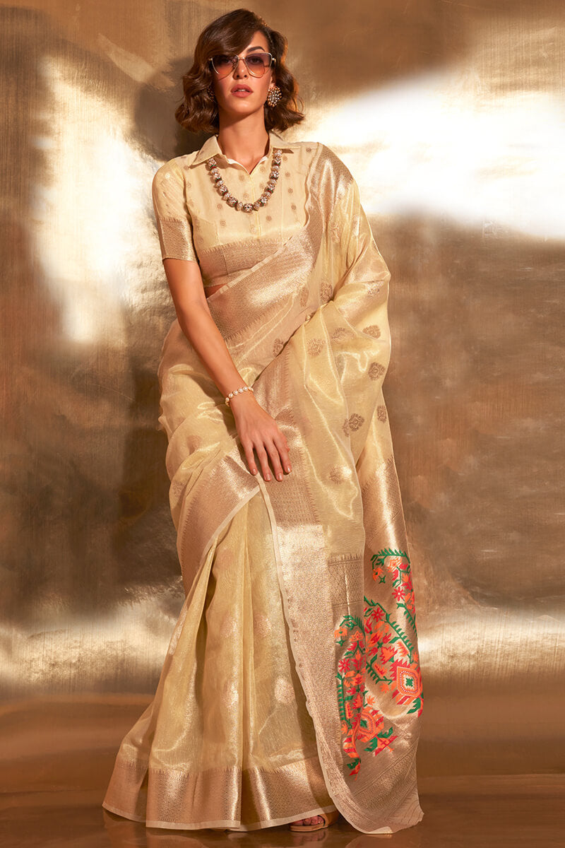 Light Yellow Paithani Tissue Silk Saree