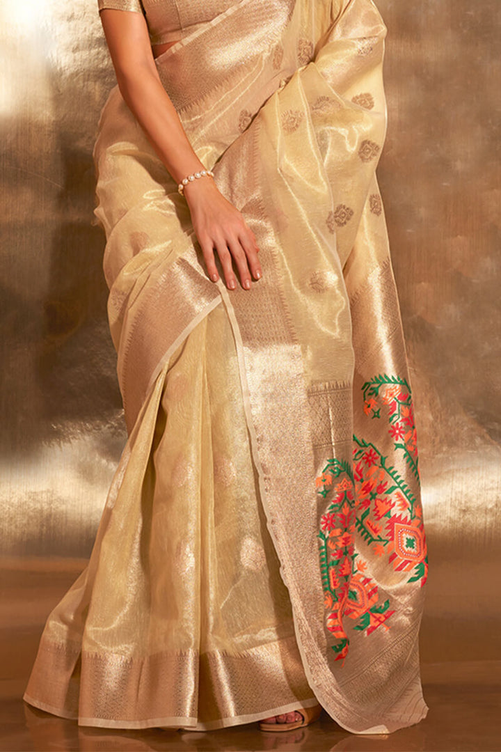 Light Yellow Paithani Tissue Silk Saree