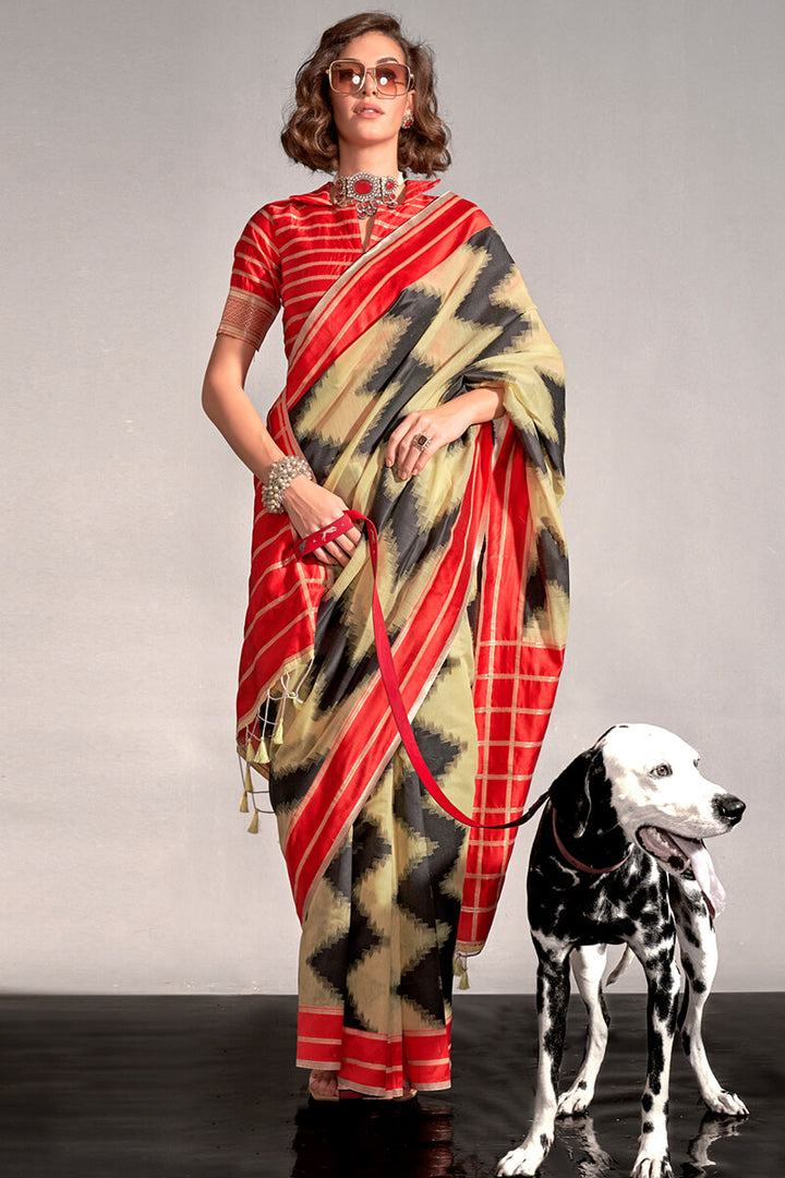 Light Yellow Woven Soft Silk Saree