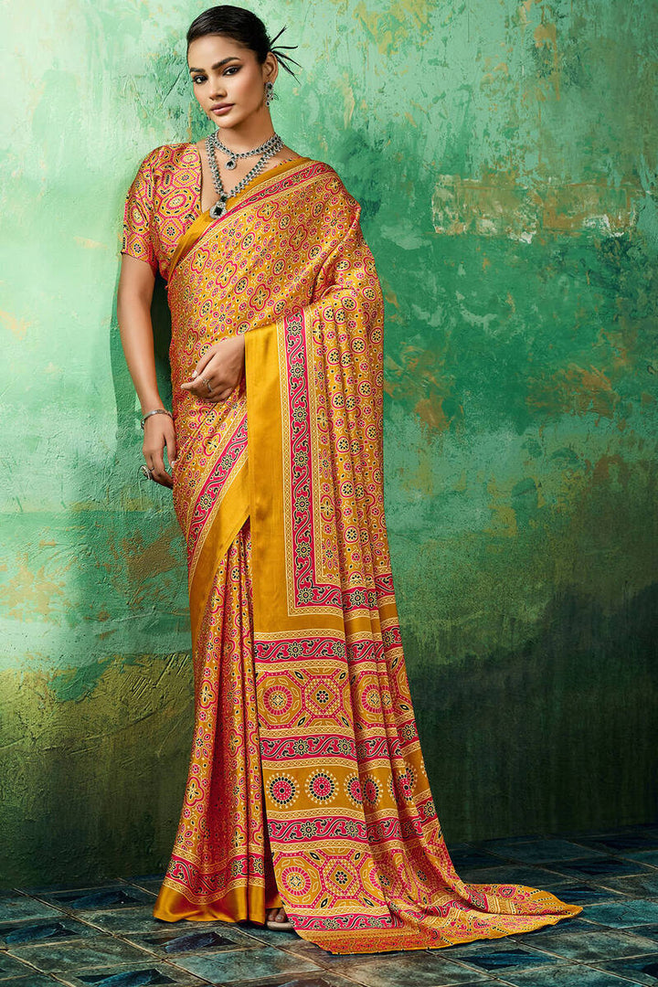 Lightning Yellow Ajrakh Printed Satin Silk Saree