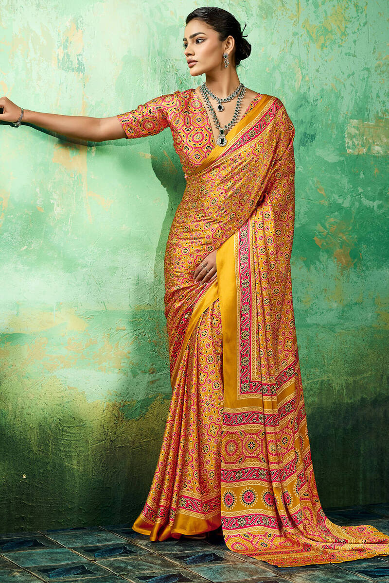 Lightning Yellow Ajrakh Printed Satin Silk Saree