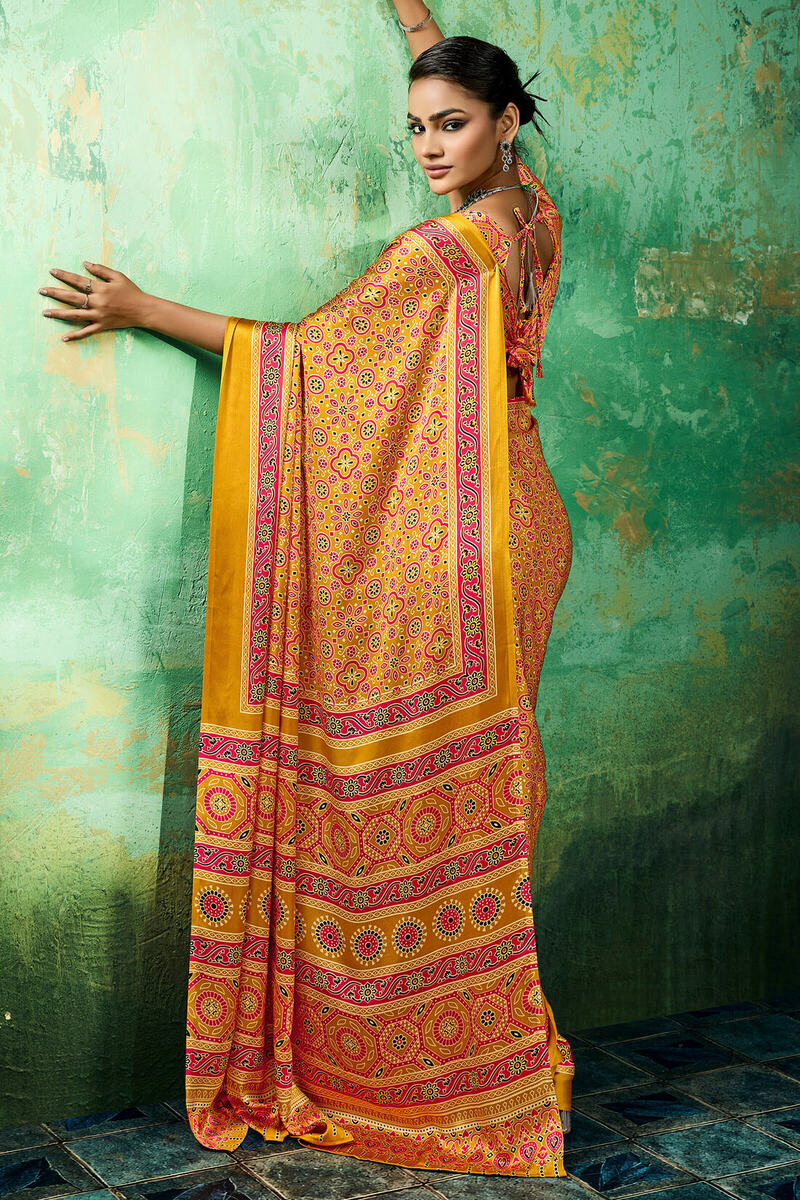 Lightning Yellow Ajrakh Printed Satin Silk Saree
