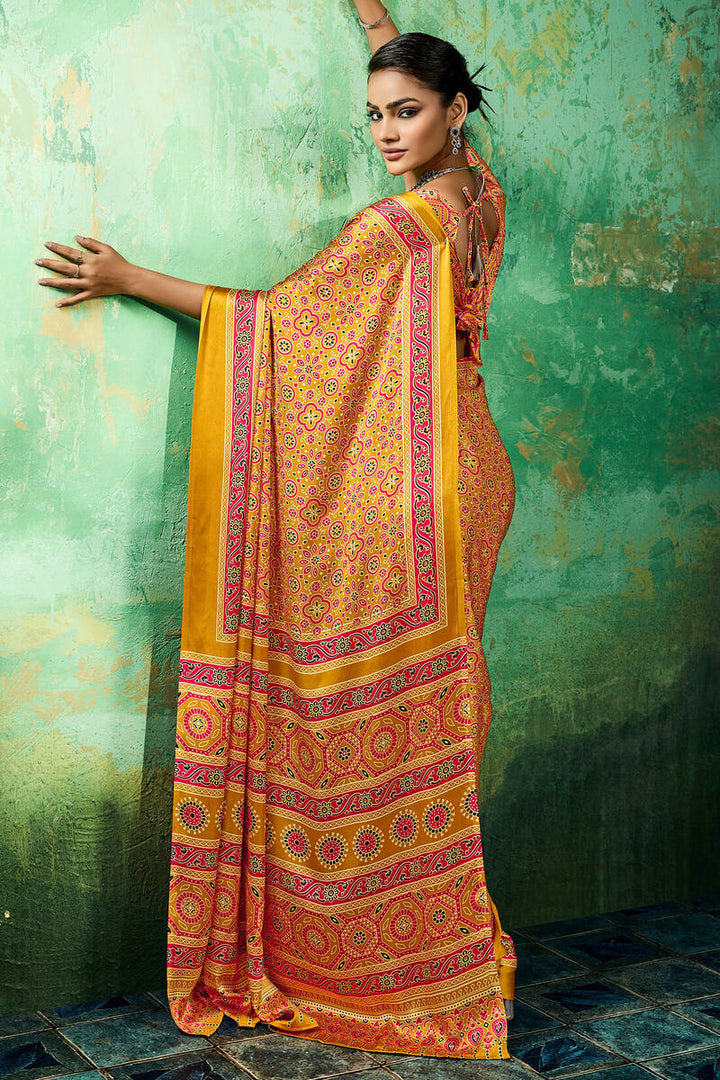 Lightning Yellow Ajrakh Printed Satin Silk Saree