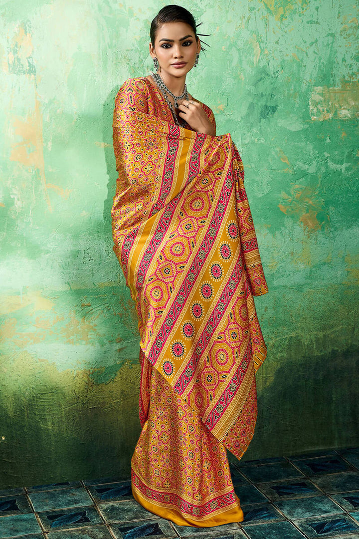 Lightning Yellow Ajrakh Printed Satin Silk Saree