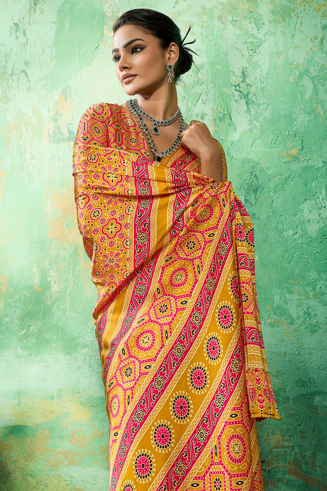 Lightning Yellow Ajrakh Printed Satin Silk Saree