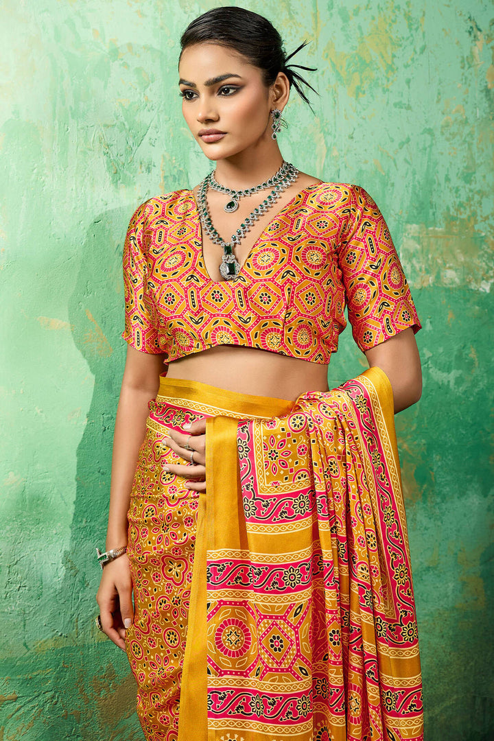 Lightning Yellow Ajrakh Printed Satin Silk Saree