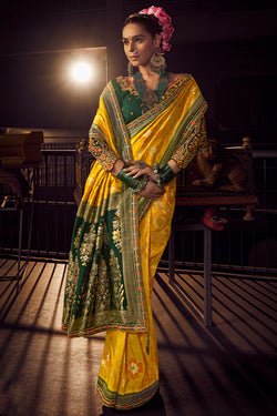 Lightning Yellow Pure Viscose Dola Silk Saree With Embroidery Blouse