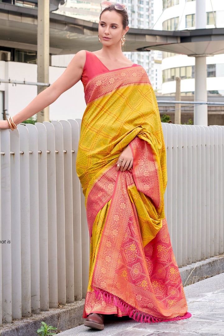 Lightning Yellow Soft Bandhani Saree