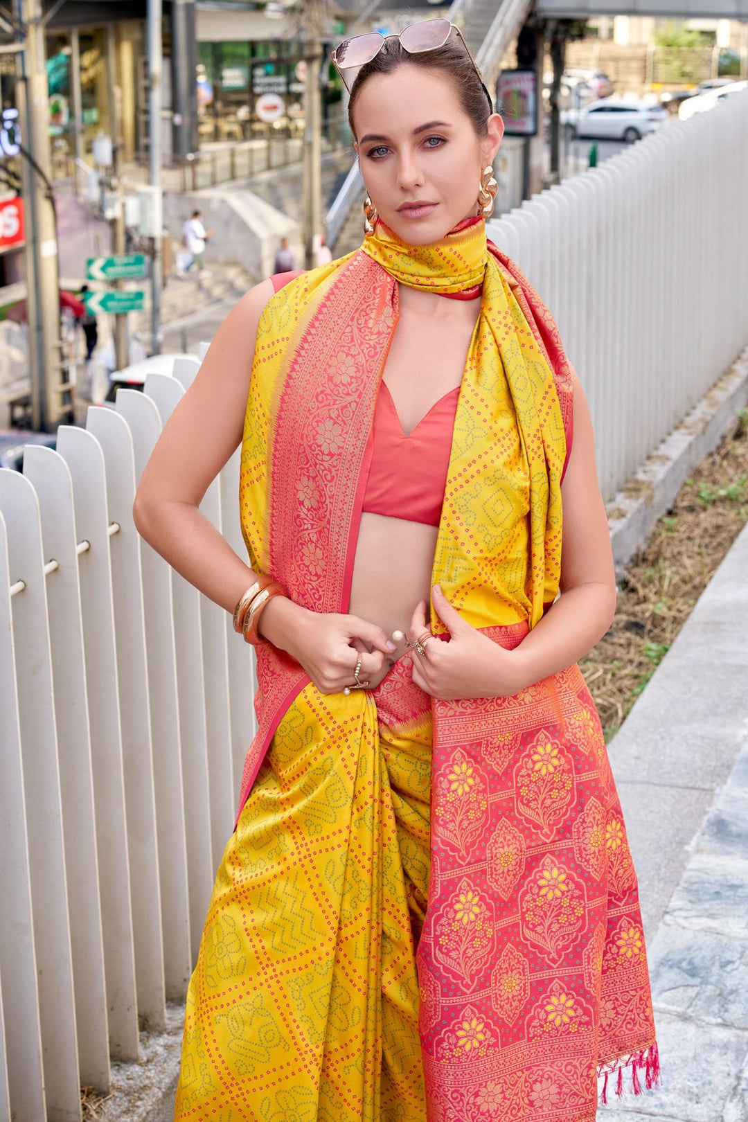 Lightning Yellow Soft Bandhani Saree