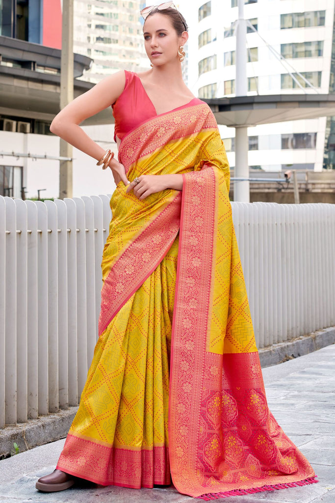 Lightning Yellow Soft Bandhani Saree