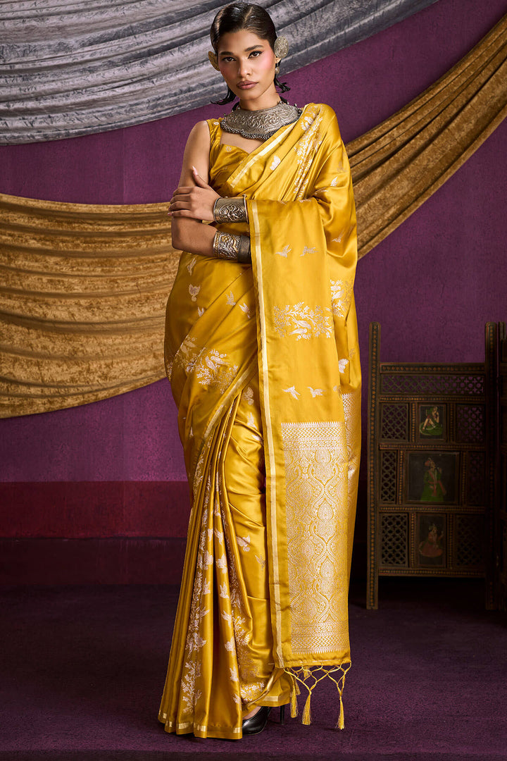 Lightning Yellow Zari Woven Banarasi Satin Silk Saree