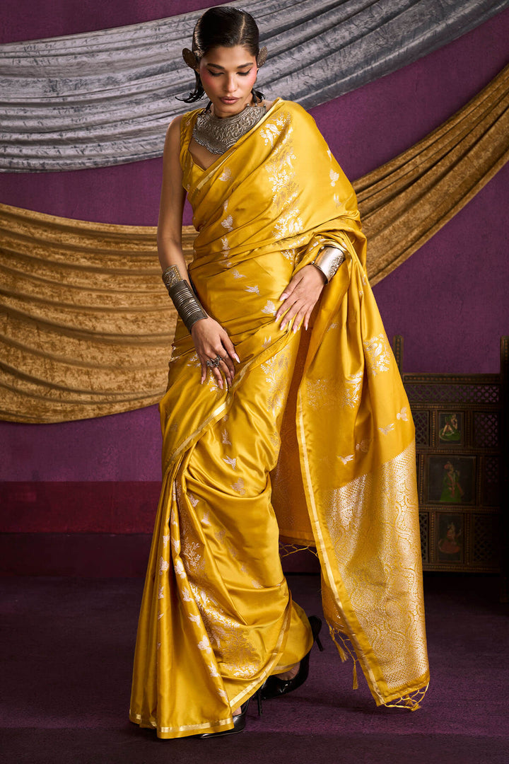 Lightning Yellow Zari Woven Banarasi Satin Silk Saree