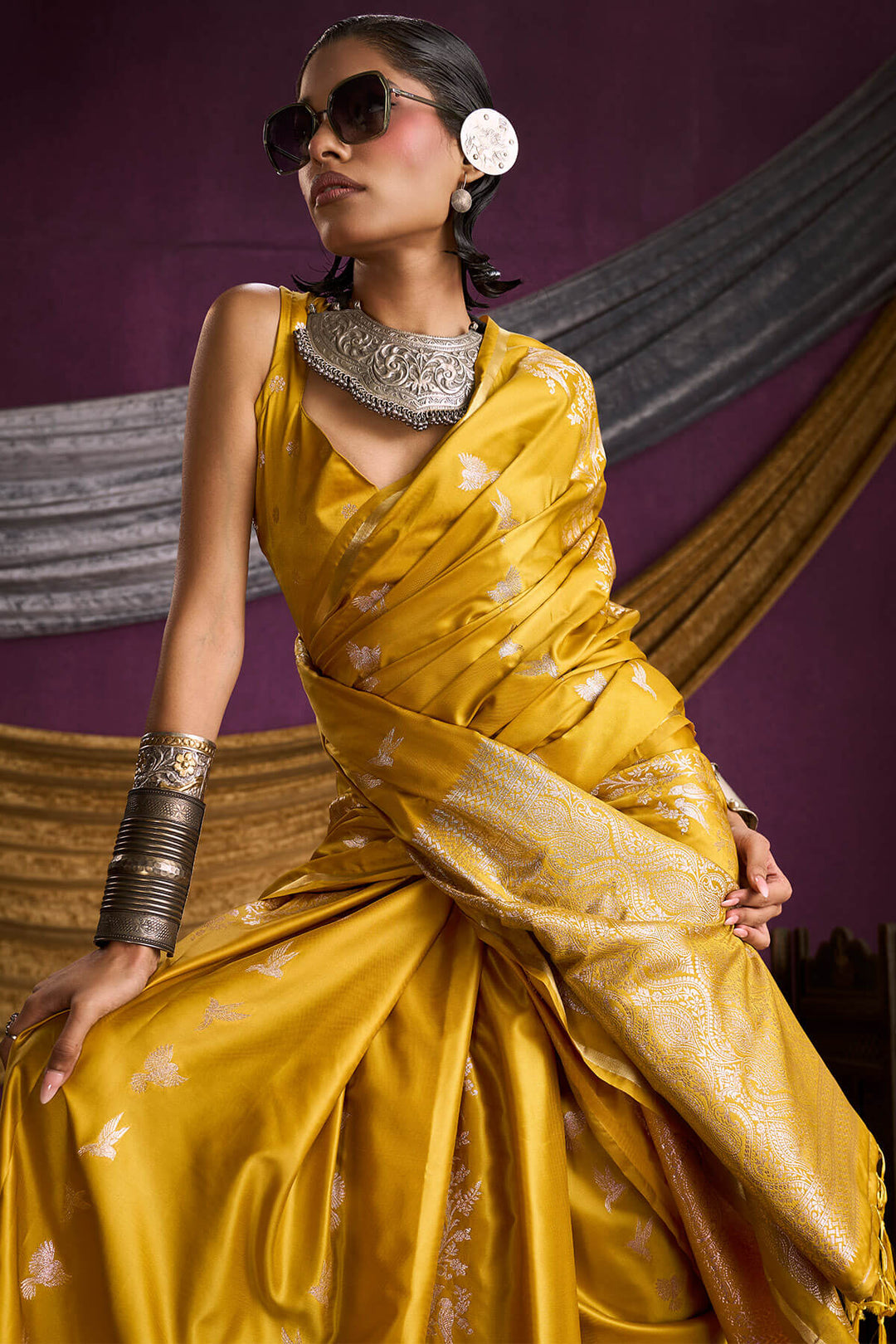 Lightning Yellow Zari Woven Banarasi Satin Silk Saree