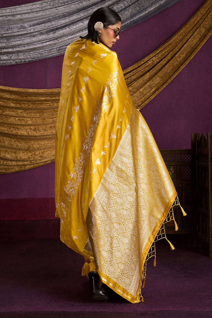 Lightning Yellow Zari Woven Banarasi Satin Silk Saree