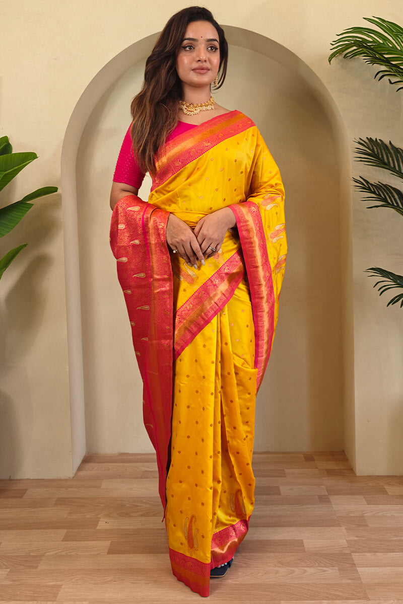 Lightning Yellow Zari Woven Banarasi Soft Silk Saree
