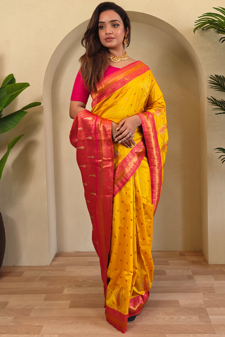 Lightning Yellow Zari Woven Banarasi Soft Silk Saree