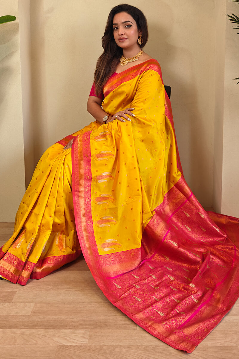 Lightning Yellow Zari Woven Banarasi Soft Silk Saree