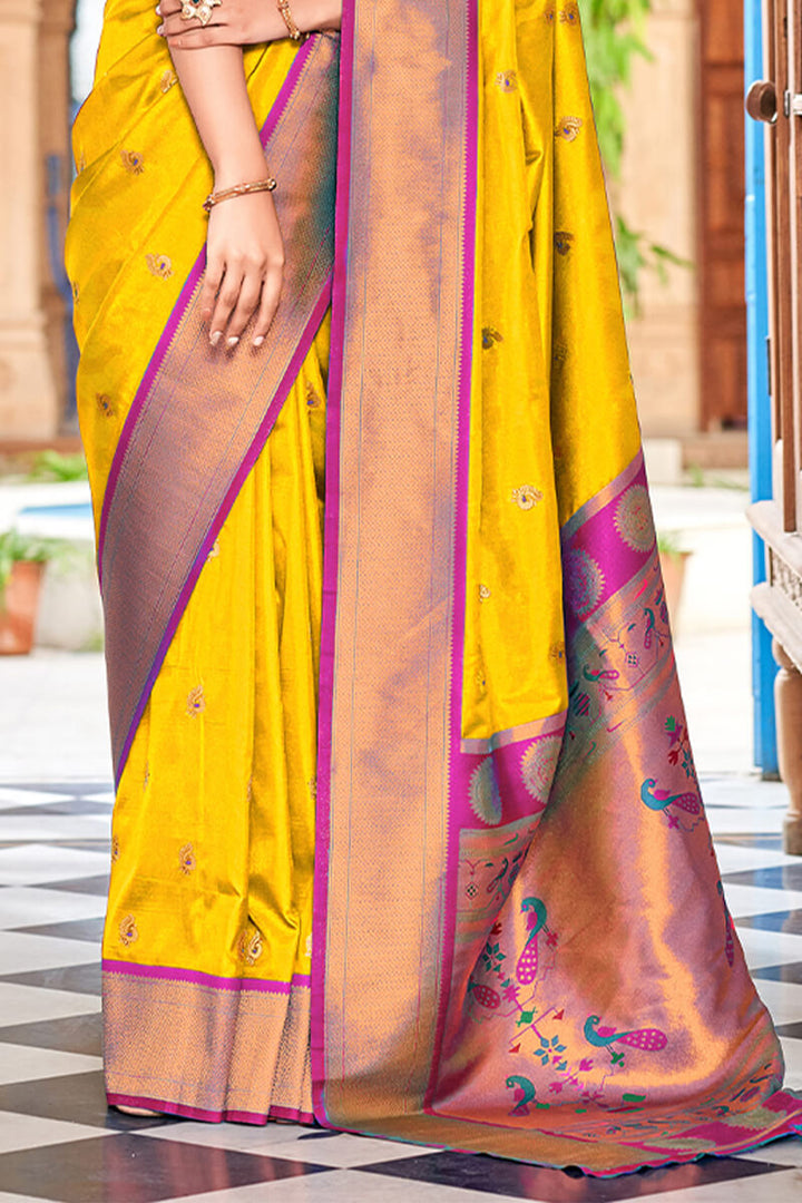 Lightning Yellow Zari Woven Paithani Silk Saree