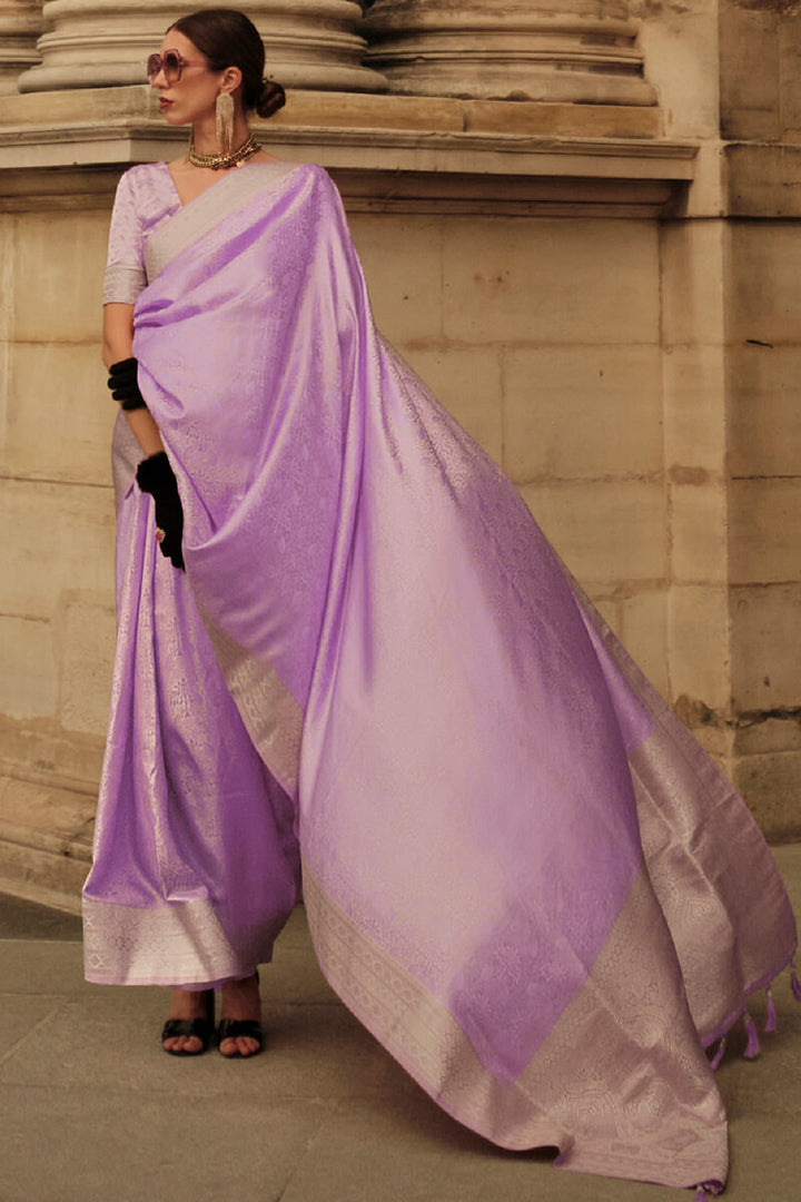 Lilac Lavender Zari Woven Banarasi Satin Silk Saree